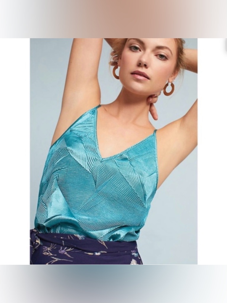 Anthropologie Floreat Women's Small Teal Metallic Crinkle Tank Top Adjustable Xs